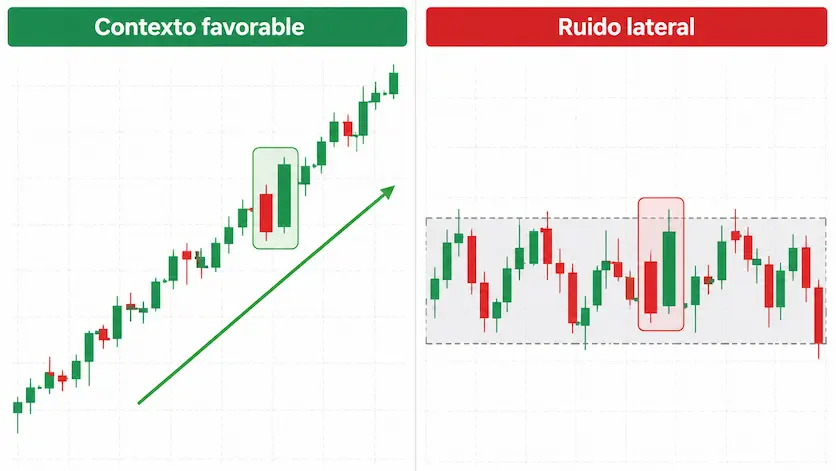 Comparación entre líneas separadas alcistas en tendencia y señal débil en mercado lateral