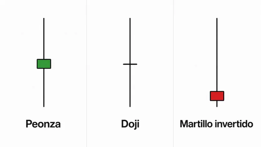 Comparación entre peonza doji y martillo invertido