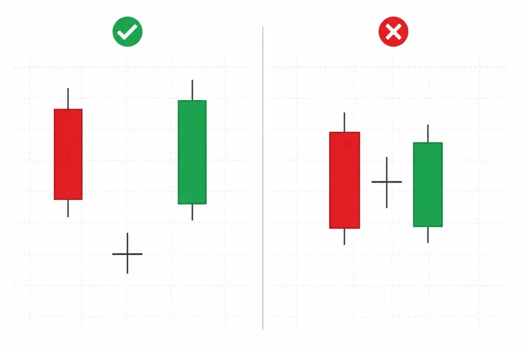 Comparación visual entre bebé abandonado válido con gaps y patrón inválido sin separación clara entre velas.