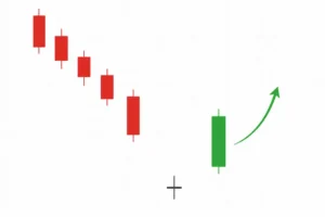 Patrón bebé abandonado alcista en velas japonesas con gap bajista, doji aislado y vela verde de confirmación.