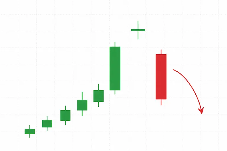 Patrón bebé abandonado bajista con vela verde previa, doji aislado por gap y vela roja de reversión.